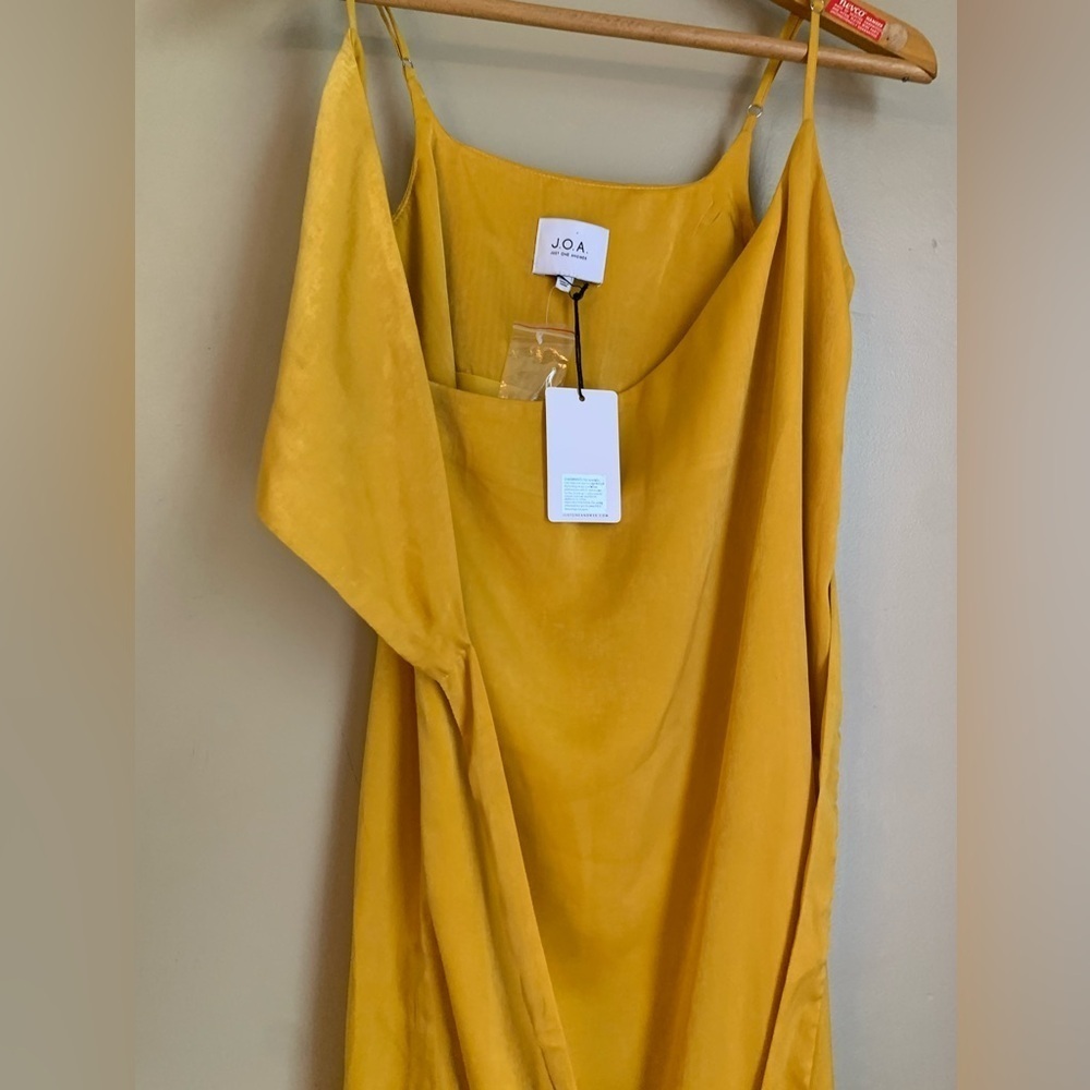J.O.A. Mustard yellow Slip Midi Dress Spaghetti Strap faux wrap size small - Picture 5 of 10